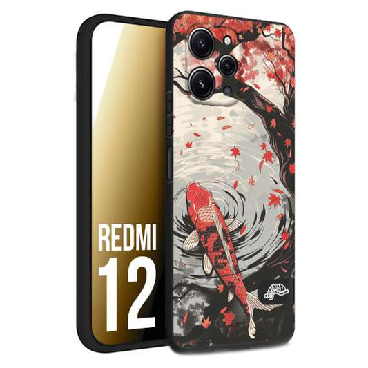 CUSTOMIZZA - Custodia cover nera morbida in tpu compatibile per Xiaomi Redmi 12 giapponese lago carpa koi rossa con foglie d'acero rosso disegnata tattoo