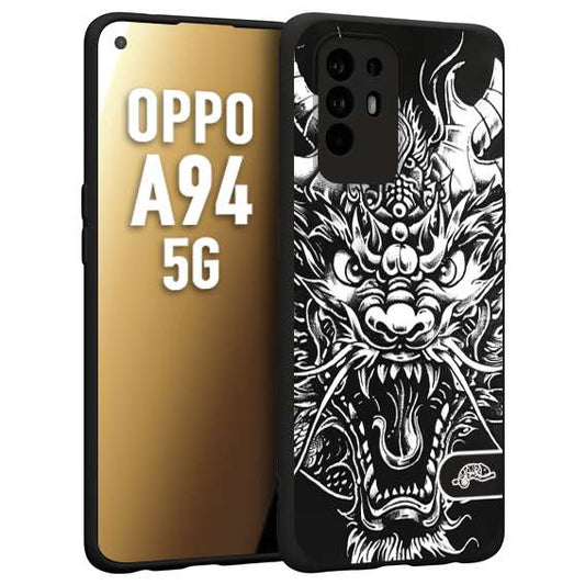 CUSTOMIZZA - Custodia cover nera morbida in tpu compatibile per Oppo A94 5G drago black and white bianco a rilievo disegnato tattoo tatuaggio