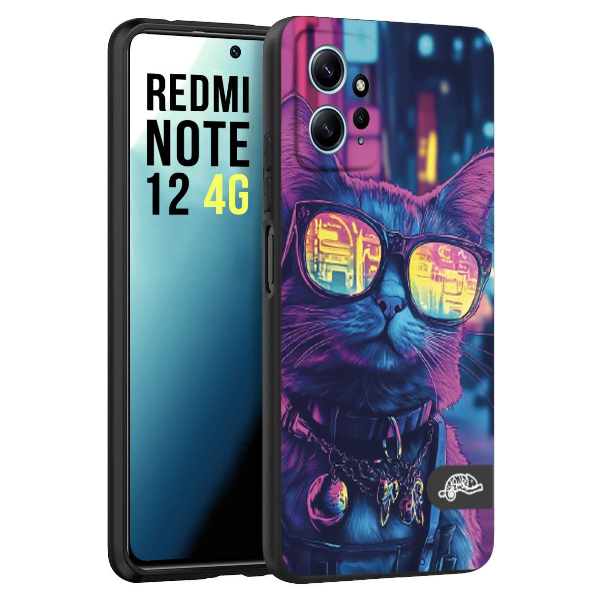 CUSTOMIZZA - Custodia cover nera morbida in tpu compatibile per Xiaomi Redmi Note 12 4G animali cyberpunk gatto street cat fucsia blu giallo