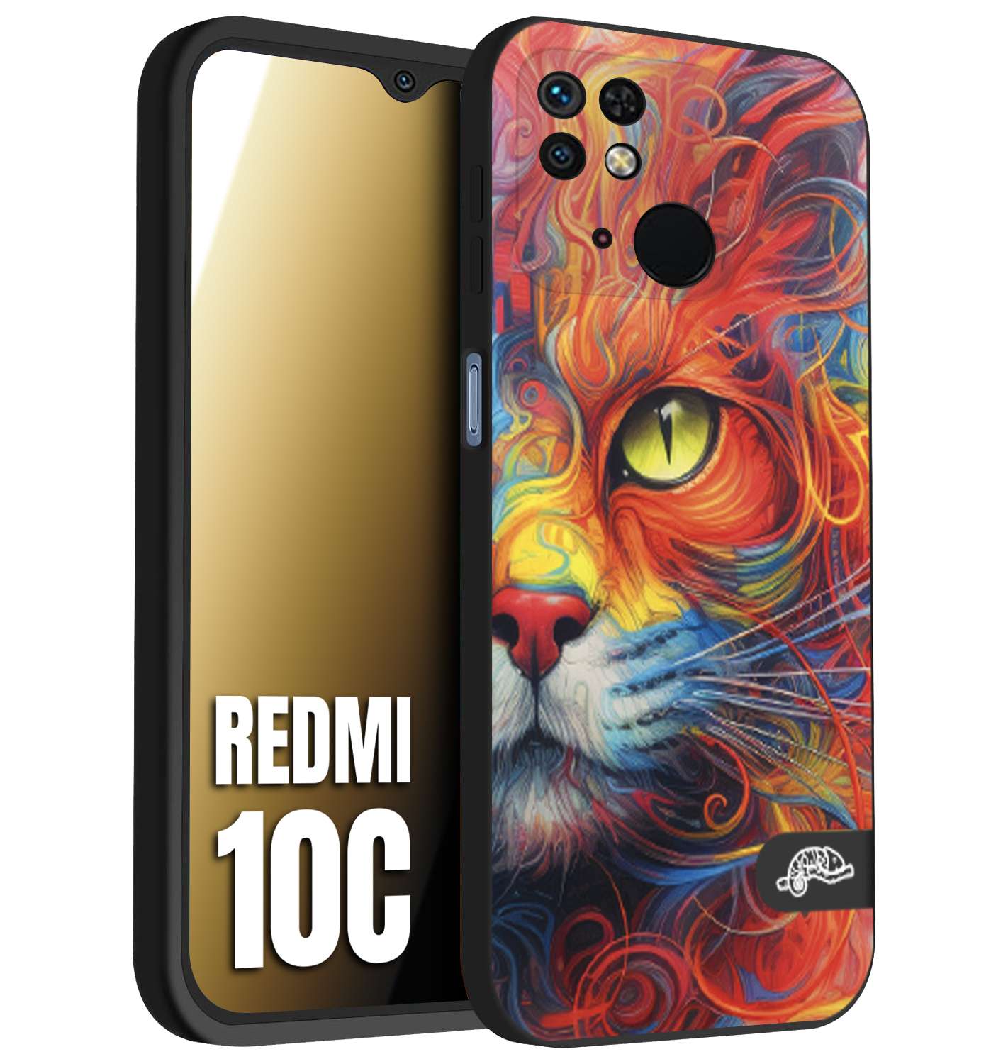 CUSTOMIZZA - Custodia cover nera morbida in tpu compatibile per Xiaomi Redmi 10C animali color cat gatto viso colori vibranti disegnato schizzo