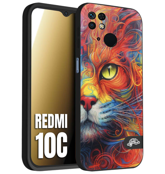 CUSTOMIZZA - Custodia cover nera morbida in tpu compatibile per Xiaomi Redmi 10C animali color cat gatto viso colori vibranti disegnato schizzo