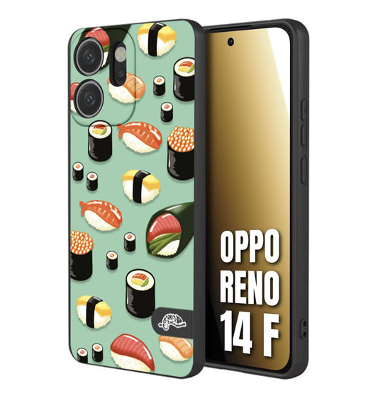 CUSTOMIZZA - Custodia cover nera morbida in tpu compatibile per Oppo Reno 14 F sushi disegni giapponese nighiri acquamarina verde