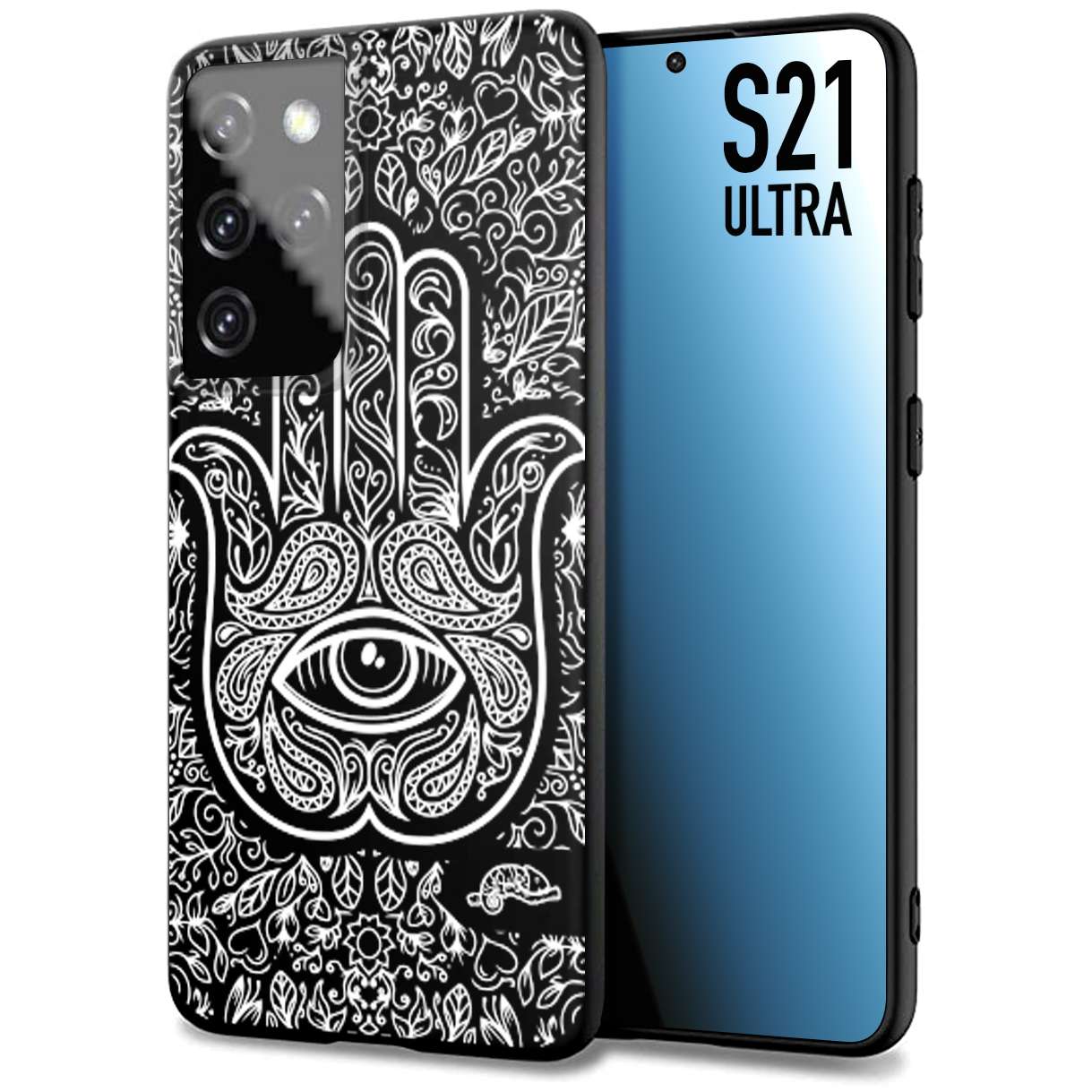 CUSTOMIZZA - Custodia cover nera morbida in tpu compatibile per Samsung S21 ULTRA mano di fatima effetto rilievo mandala donna