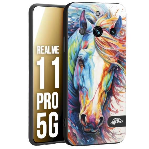CUSTOMIZZA - Custodia cover nera morbida in tpu compatibile per Realme 11 PRO 5G animali color cavallo horse viso colori vibranti disegnato schizzo
