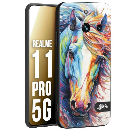 CUSTOMIZZA - Custodia cover nera morbida in tpu compatibile per Realme 11 PRO 5G animali color cavallo horse viso colori vibranti disegnato schizzo