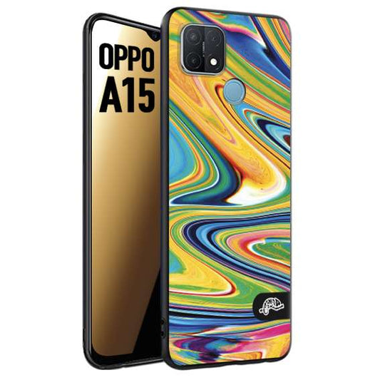 CUSTOMIZZA - Custodia cover nera morbida in tpu compatibile per Oppo A15 colorata fantasia vortice marmo arcobaleno gialla verde blu