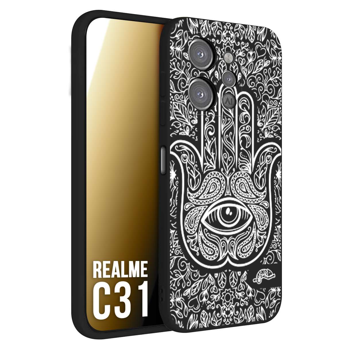 CUSTOMIZZA - Custodia cover nera morbida in tpu compatibile per Oppo Realme C31 mano di fatima effetto rilievo mandala donna