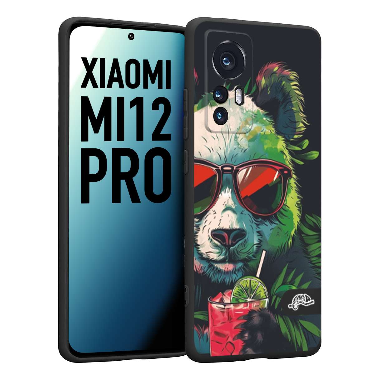 CUSTOMIZZA - Custodia cover nera morbida in tpu compatibile per Xiaomi 12 PRO estate disegnata cocktails animali simpatici panda mojito