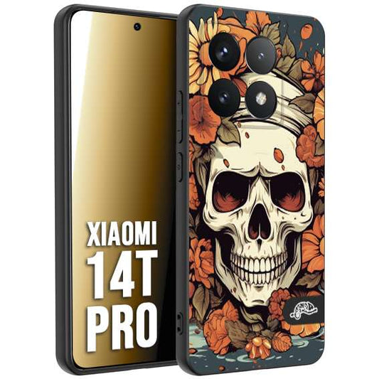 CUSTOMIZZA - Custodia cover nera morbida in tpu compatibile per Xiaomi 14T PRO teschio skull flowers fiori tattoo disegnato alta definizione