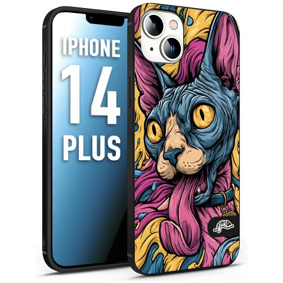 CUSTOMIZZA - Custodia cover nera morbida in tpu compatibile per iPhone 14 PLUS Sphynx Colorato Pop Art Psichedelico Gatto Blu Rosa Giallo Artistica Fantasy