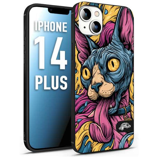 CUSTOMIZZA - Custodia cover nera morbida in tpu compatibile per iPhone 14 PLUS Sphynx Colorato Pop Art Psichedelico Gatto Blu Rosa Giallo Artistica Fantasy