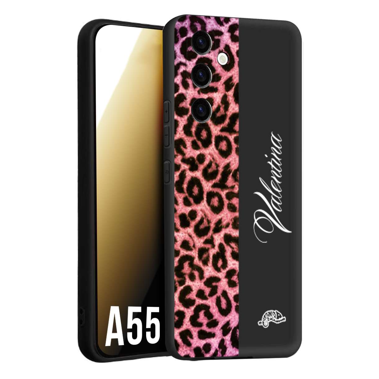 CUSTOMIZZA - Custodia cover nera morbida in tpu compatibile per Samsung A55 5G leopardato rosa fucsia personalizzata nome iniziali