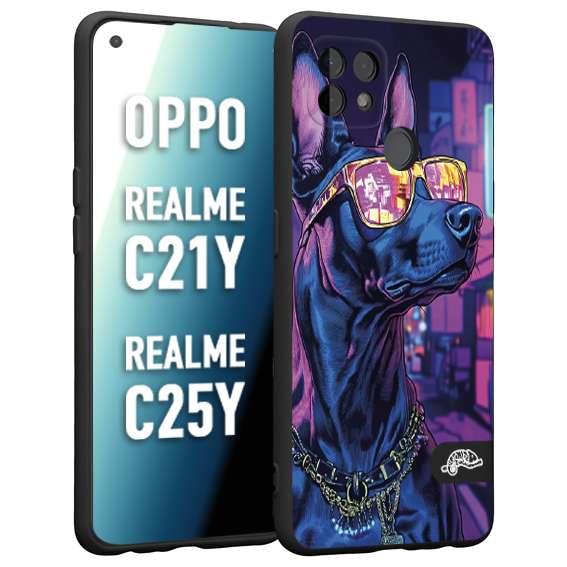 CUSTOMIZZA - Custodia cover nera morbida in tpu compatibile per Realme C21Y - C25Y animali cyberpunk dobermann cane street dog fucsia blu night