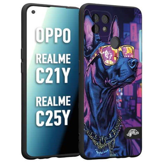 CUSTOMIZZA - Custodia cover nera morbida in tpu compatibile per Realme C21Y - C25Y animali cyberpunk dobermann cane street dog fucsia blu night