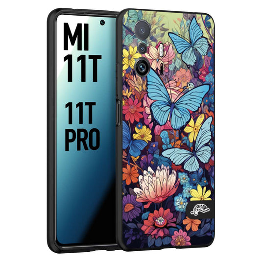 CUSTOMIZZA - Custodia cover nera morbida in tpu compatibile per Xiaomi Mi 11T - Mi 11T PRO farfalle butterfly moderno donna disegnate gialla blu rosa