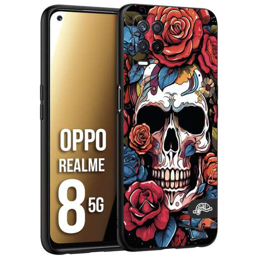 CUSTOMIZZA - Custodia cover nera morbida in tpu compatibile per Realme 8 5G teschio skull flowers fiori rose rosse tattoo disegnato
