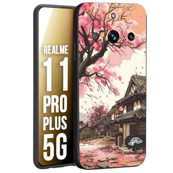 CUSTOMIZZA - Custodia cover nera morbida in tpu compatibile per Oppo Realme 11 PRO PLUS 5G casa giapponese rosa ciliegio in fiore disegnata tattoo