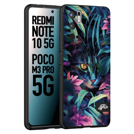 CUSTOMIZZA - Custodia cover nera morbida in tpu compatibile per Xiaomi Redmi Note 10 5G - Poco M3 Pro 5G animali color giungla tropicale occhio di gatto colori vibranti disegnato