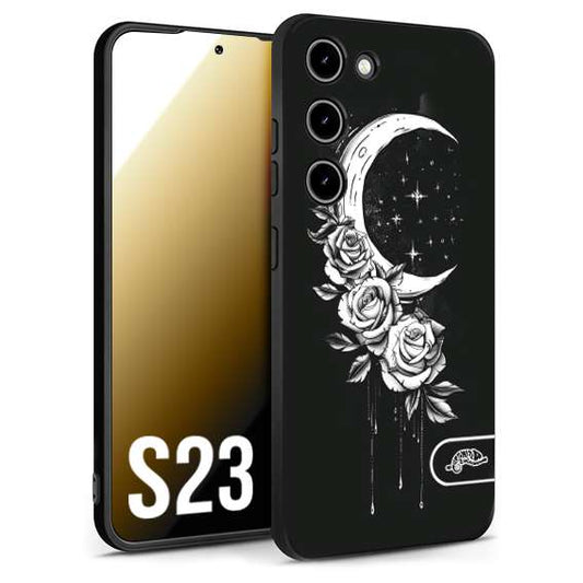 CUSTOMIZZA - Custodia cover nera morbida in tpu compatibile per Samsung S23 luna e fiori moon flowers black and white bianco a rilievo disegnato