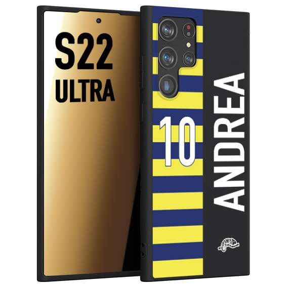 CUSTOMIZZA - Custodia cover nera morbida in tpu compatibile per Samsung S22 ULTRA personalizzata calcio football nome e numero calciatori giallo blu