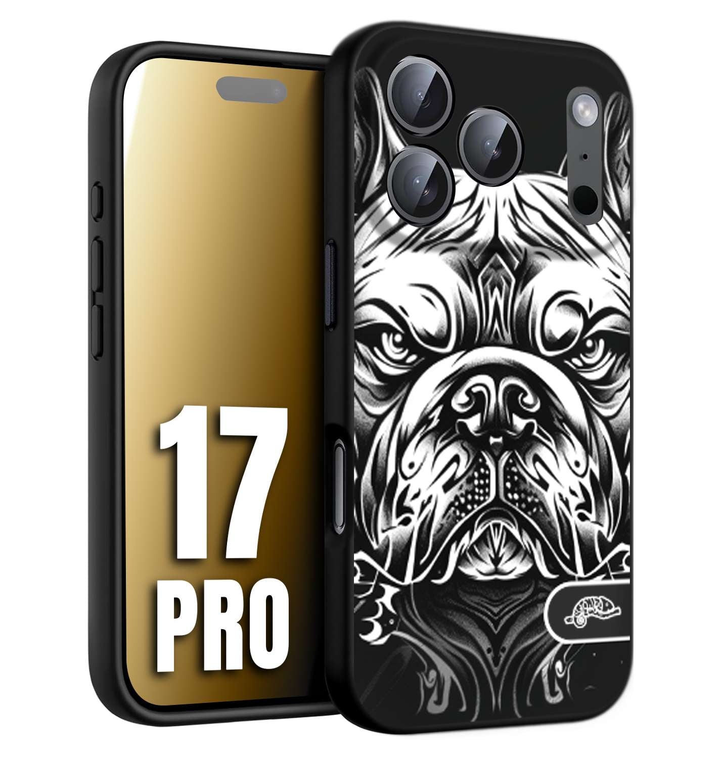 CUSTOMIZZA - Custodia cover nera morbida in tpu compatibile per iPhone 17 PRO bulldog bianco a rilievo disegnato tattoo tatuaggio