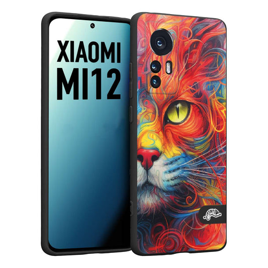 CUSTOMIZZA - Custodia cover nera morbida in tpu compatibile per Xiaomi 12 5G animali color cat gatto viso colori vibranti disegnato schizzo