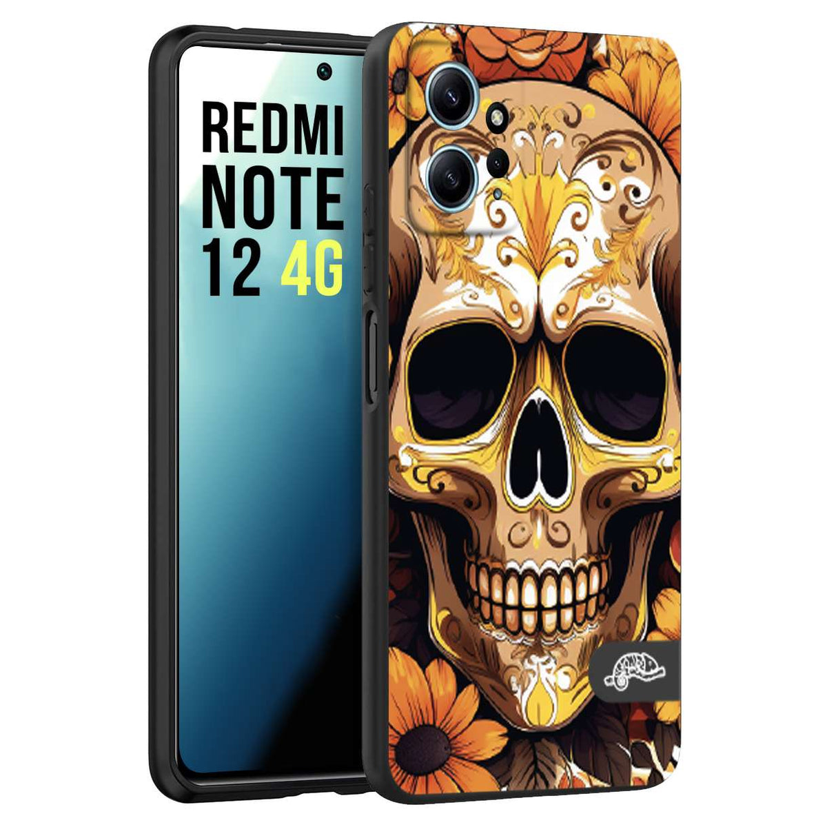 CUSTOMIZZA - Custodia cover nera morbida in tpu compatibile per Xiaomi Redmi Note 12 4G teschio messicano colorato dorato fiori tattoo disegnato