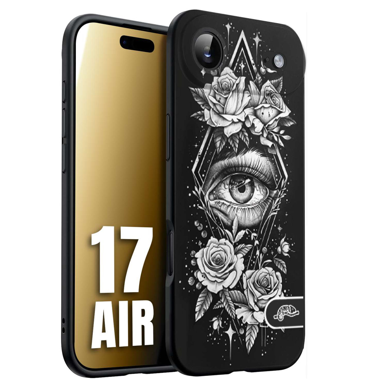 CUSTOMIZZA - Custodia cover nera morbida in tpu compatibile per iPhone 17 AIR occhio fiori rombo geometrico black and white bianco a rilievo disegnato tattoo tatuaggio