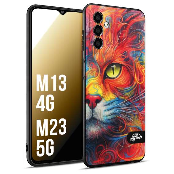 CUSTOMIZZA - Custodia cover nera morbida in tpu compatibile per Samsung M13 4G - M23 5G animali color cat gatto viso colori vibranti disegnato schizzo