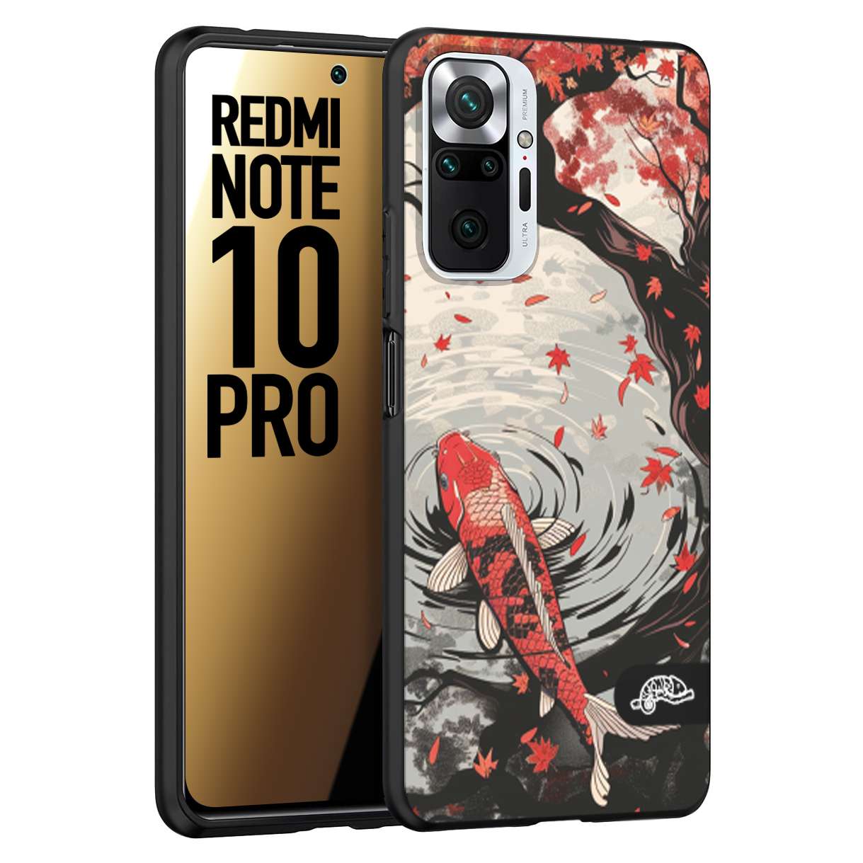 CUSTOMIZZA - Custodia cover nera morbida in tpu compatibile per Xiaomi Redmi Note 10 PRO giapponese lago carpa koi rossa con foglie d'acero rosso disegnata tattoo