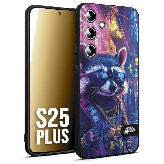 CUSTOMIZZA - Custodia cover nera morbida in tpu compatibile per Samsung S25 PLUS animali simpatici cyberpunk procione racoon street cat fucsia blu giallo