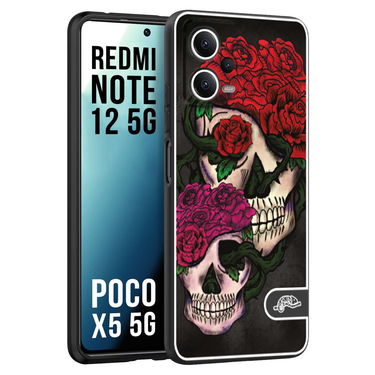 CUSTOMIZZA - Custodia cover nera morbida in tpu compatibile per Xiaomi Redmi Note 12 5G - POCO X5 5G teschi e rose rosse fucsia skull and roses