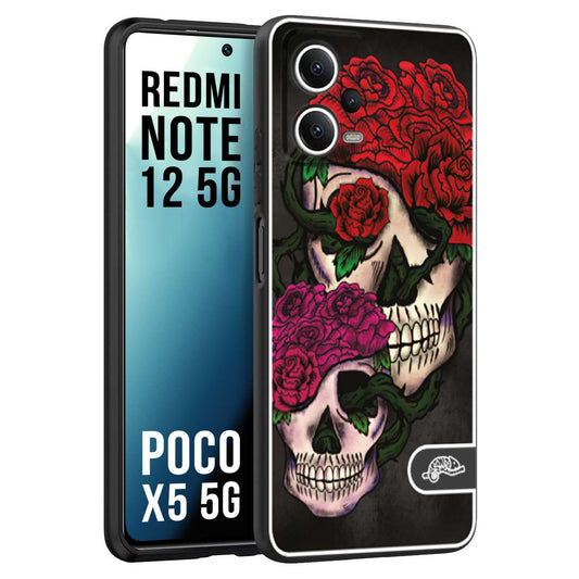 CUSTOMIZZA - Custodia cover nera morbida in tpu compatibile per Xiaomi Redmi Note 12 5G - POCO X5 5G teschi e rose rosse fucsia skull and roses