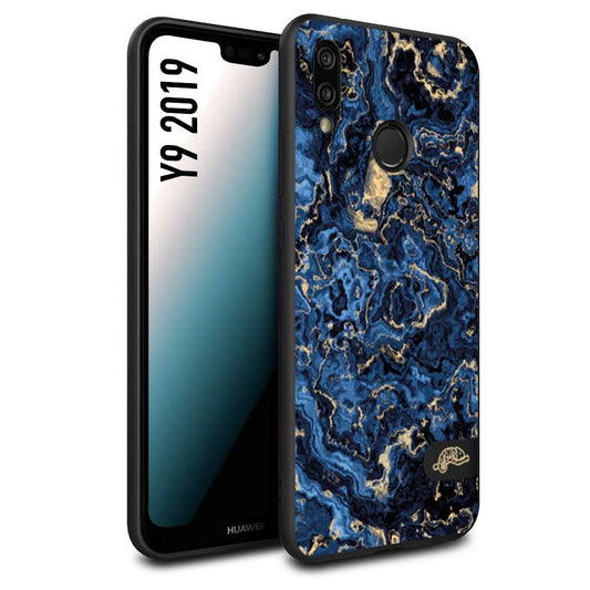 CUSTOMIZZA - Custodia cover nera morbida in tpu compatibile per Huawei Y9 2019 effetto marmo marble blu venature dorato psichedelico