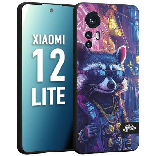 CUSTOMIZZA - Custodia cover nera morbida in tpu compatibile per Xiaomi 12 LITE animali simpatici cyberpunk procione racoon street cat fucsia blu giallo