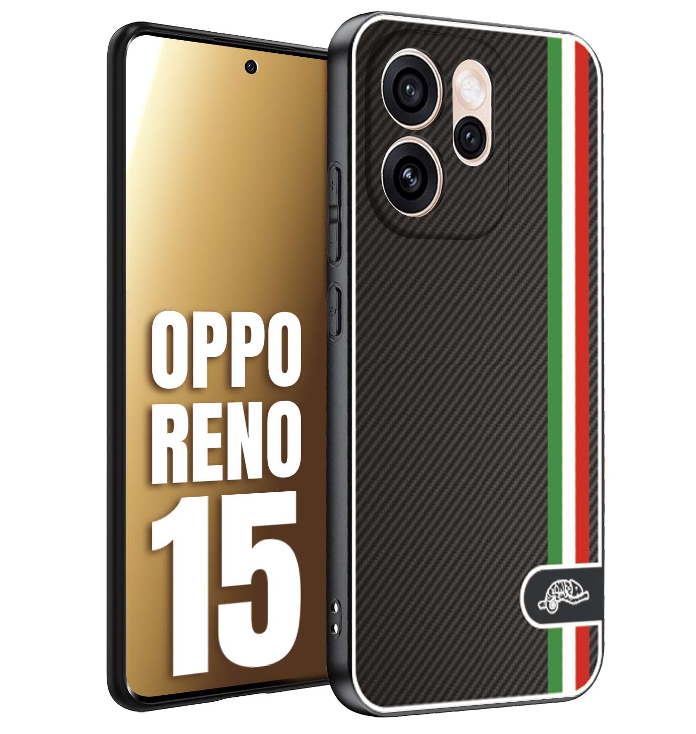 CUSTOMIZZA - Custodia cover nera morbida in tpu compatibile per Oppo Reno 15 effetto fibra di carbonio bandiera Italia made in Italy