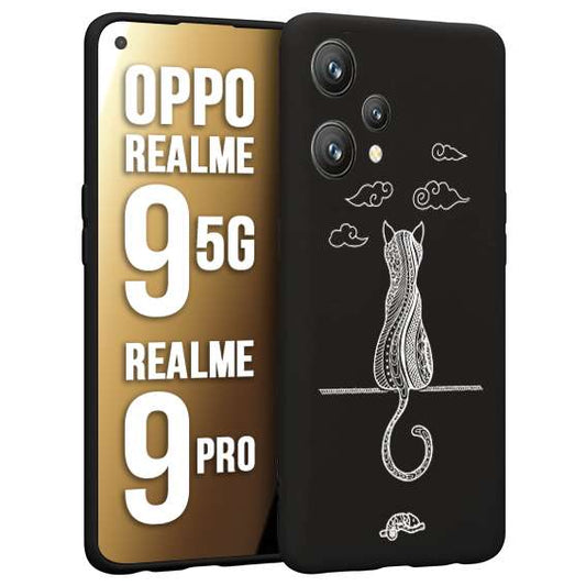 CUSTOMIZZA - Custodia cover nera morbida in tpu compatibile per Realme 9 5G - 9 PRO gatto mandala stilizzato gattino a rilievo soft touch donna bianca