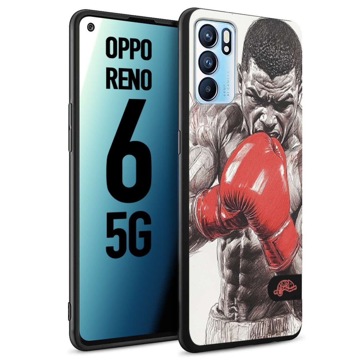 CUSTOMIZZA - Custodia cover nera morbida in tpu compatibile per Oppo Reno 6 5G pugilato pugili disegno tattoo guantoni box pesi massimi gancio