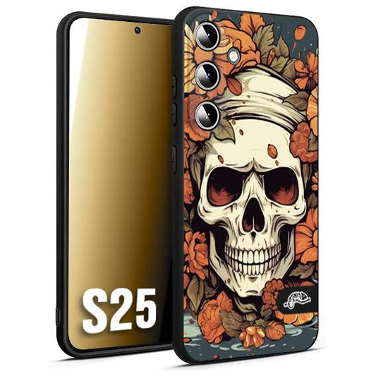 CUSTOMIZZA - Custodia cover nera morbida in tpu compatibile per Samsung S25 teschio skull flowers fiori tattoo disegnato alta definizione