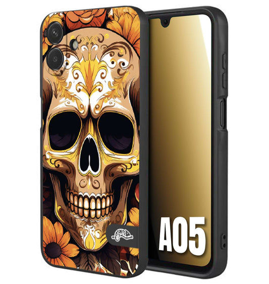 CUSTOMIZZA - Custodia cover nera morbida in tpu compatibile per Samsung A05 teschio messicano colorato dorato fiori tattoo disegnato
