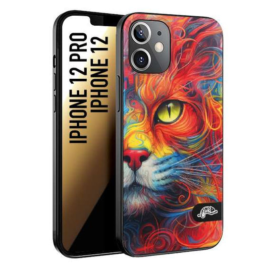 CUSTOMIZZA - Custodia cover nera morbida in tpu compatibile per iPhone 12 - 12 PRO animali color cat gatto viso colori vibranti disegnato schizzo