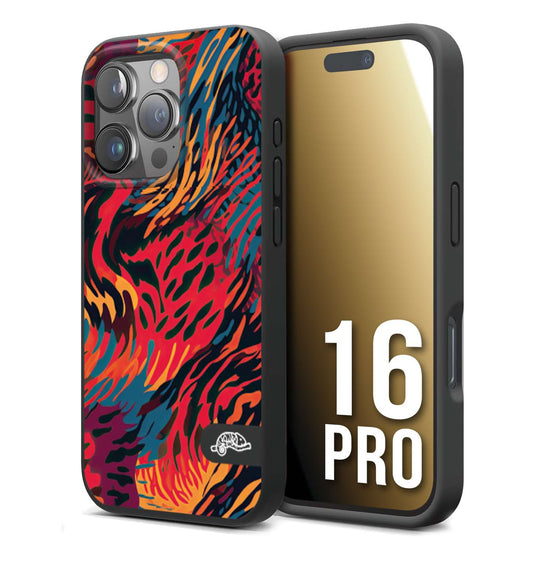 CUSTOMIZZA - Custodia cover nera morbida in tpu compatibile per iPhone 16 PRO leopardato maculato tigrato colorata fiamme rossa blu arancione