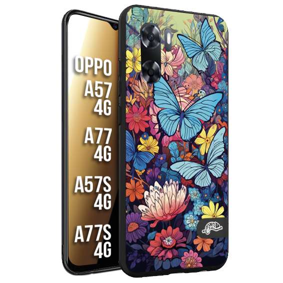 CUSTOMIZZA - Custodia cover nera morbida in tpu compatibile per Oppo A57 - A77 - A57S - A77S (4G) farfalle butterfly moderno donna disegnate gialla blu rosa
