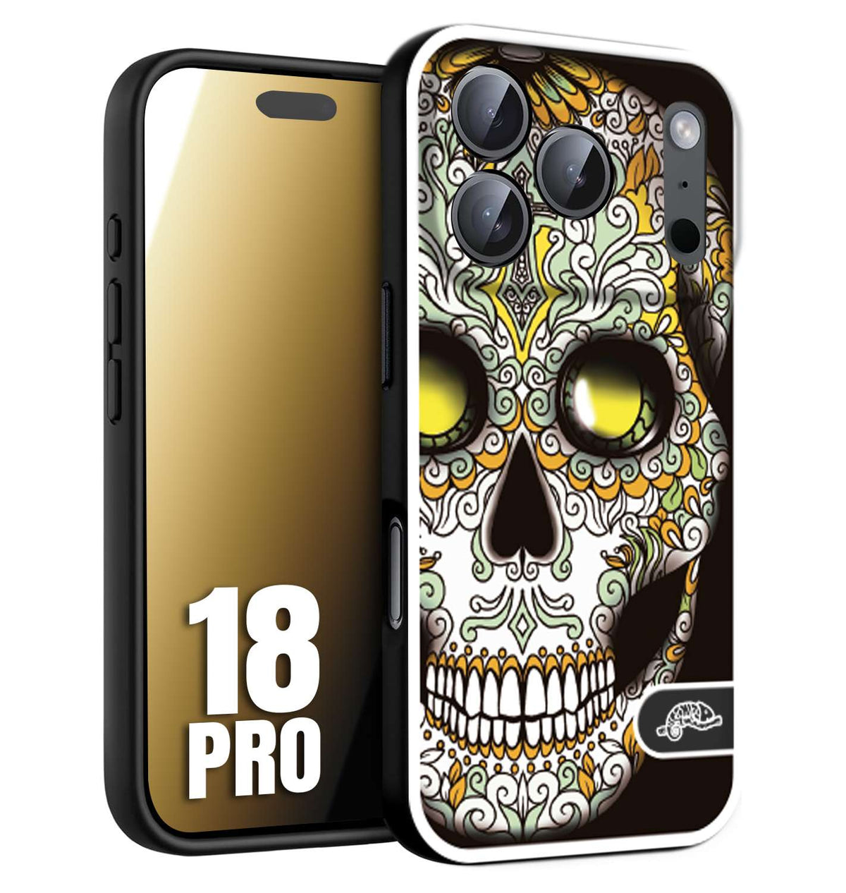 CUSTOMIZZA - Custodia cover nera morbida in tpu compatibile per iPhone 18 PRO teschio messicano Mexican skull bianco verde giallo