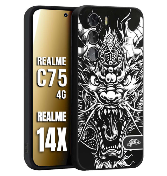 CUSTOMIZZA - Custodia cover nera morbida in tpu compatibile per Realme 14X - C75 4G drago black and white bianco a rilievo disegnato tattoo tatuaggio