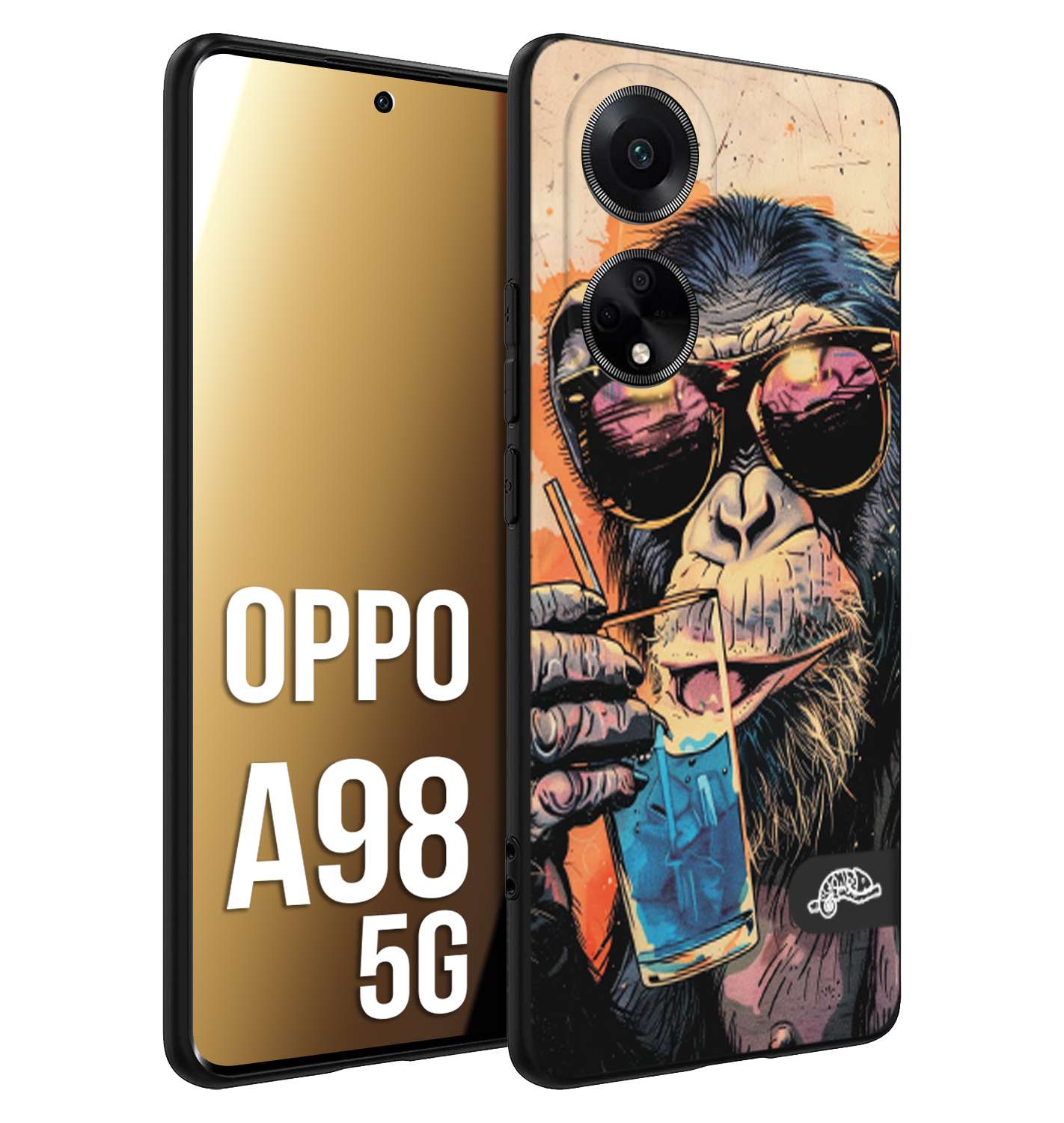 CUSTOMIZZA - Custodia cover nera morbida in tpu compatibile per Oppo A98 5G estate disegnata cocktails animali simpatici scimmia monkey negroni