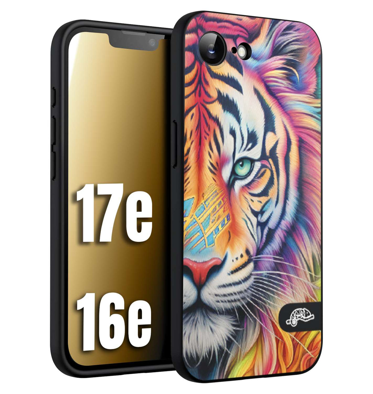 CUSTOMIZZA - Custodia cover nera morbida in tpu compatibile per iPhone 16E - 17E animali color tigre tiger viso colori vibranti disegnato schizzo