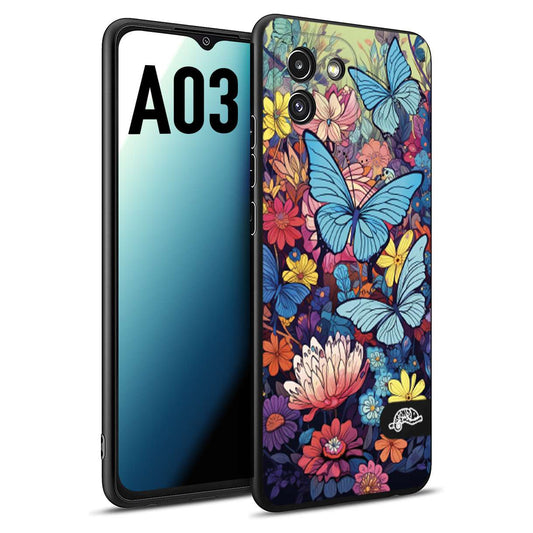 CUSTOMIZZA - Custodia cover nera morbida in tpu compatibile per Samsung A03 farfalle butterfly moderno donna disegnate gialla blu rosa