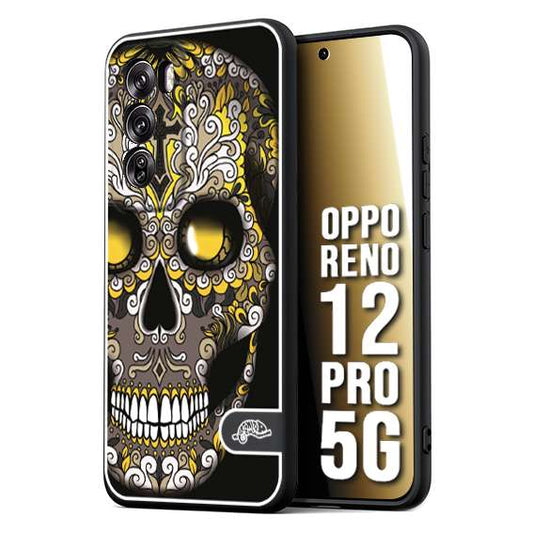 CUSTOMIZZA - Custodia cover nera morbida in tpu compatibile per Oppo Reno 12 PRO 5G teschio messicano Mexican skull nero giallo
