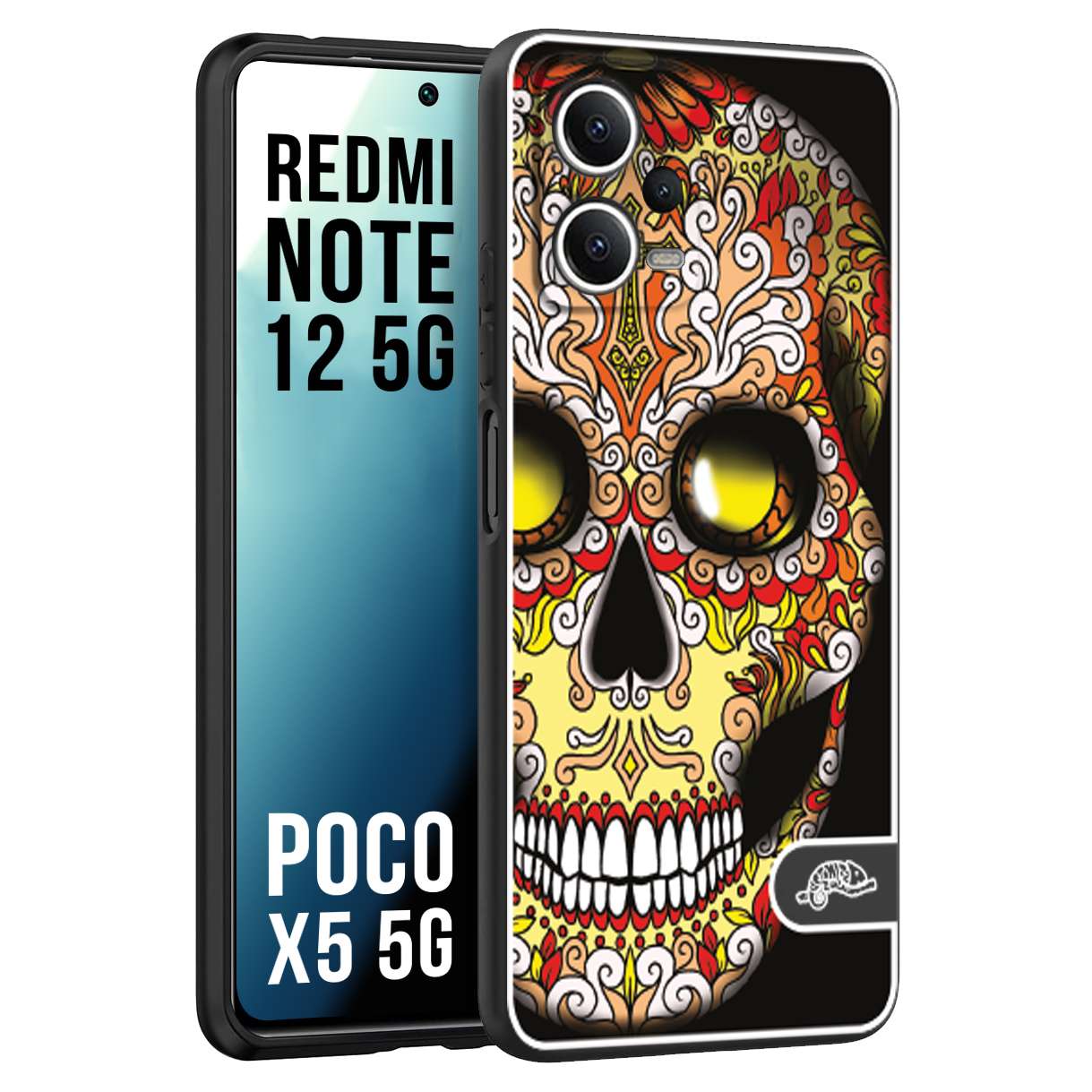 CUSTOMIZZA - Custodia cover nera morbida in tpu compatibile per Xiaomi Redmi Note 12 5G - POCO X5 5G teschio messicano Mexican skull giallo rosso arancio